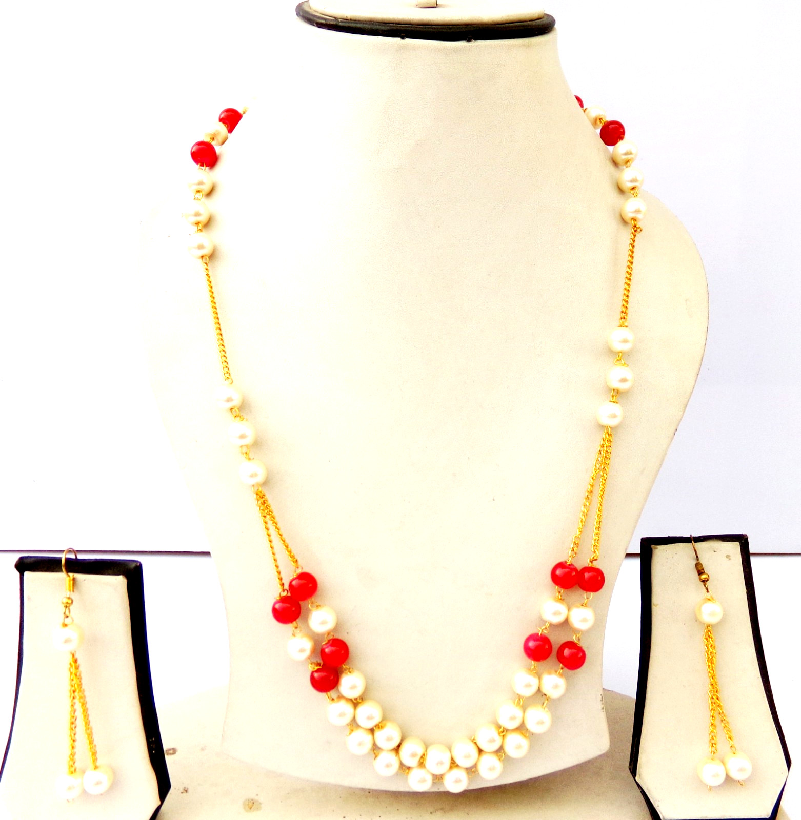 Indian Bollywood Gold Plated Pearls Mala Bridal Necklace Earrings Jewelry Set