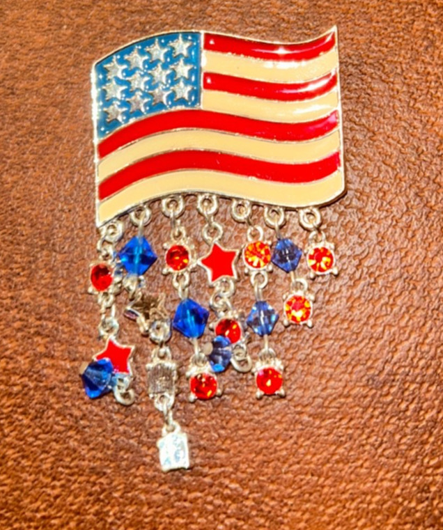 Large American Flag Pin w Dangle Gems- Patriotic Bling USA Pins and Earrings