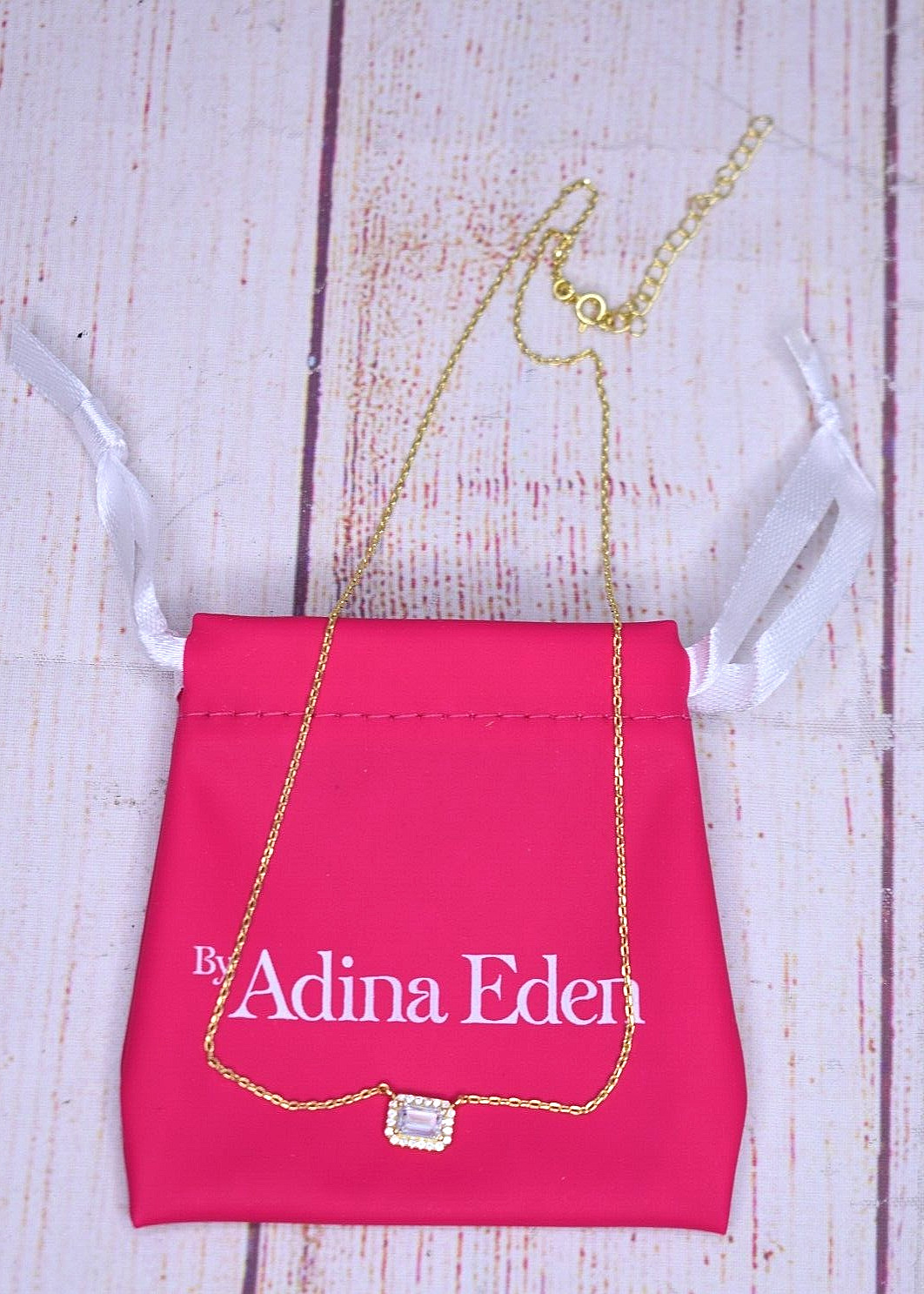 Adina Eden Pave Outlined Baguette Solitaire Pendant 16″ Necklace NEW W/ Pouch