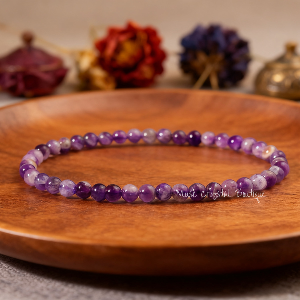 Natural Amethyst 4mm Beaded Purple Crystal Gemstone Healing Stretch Bracelet