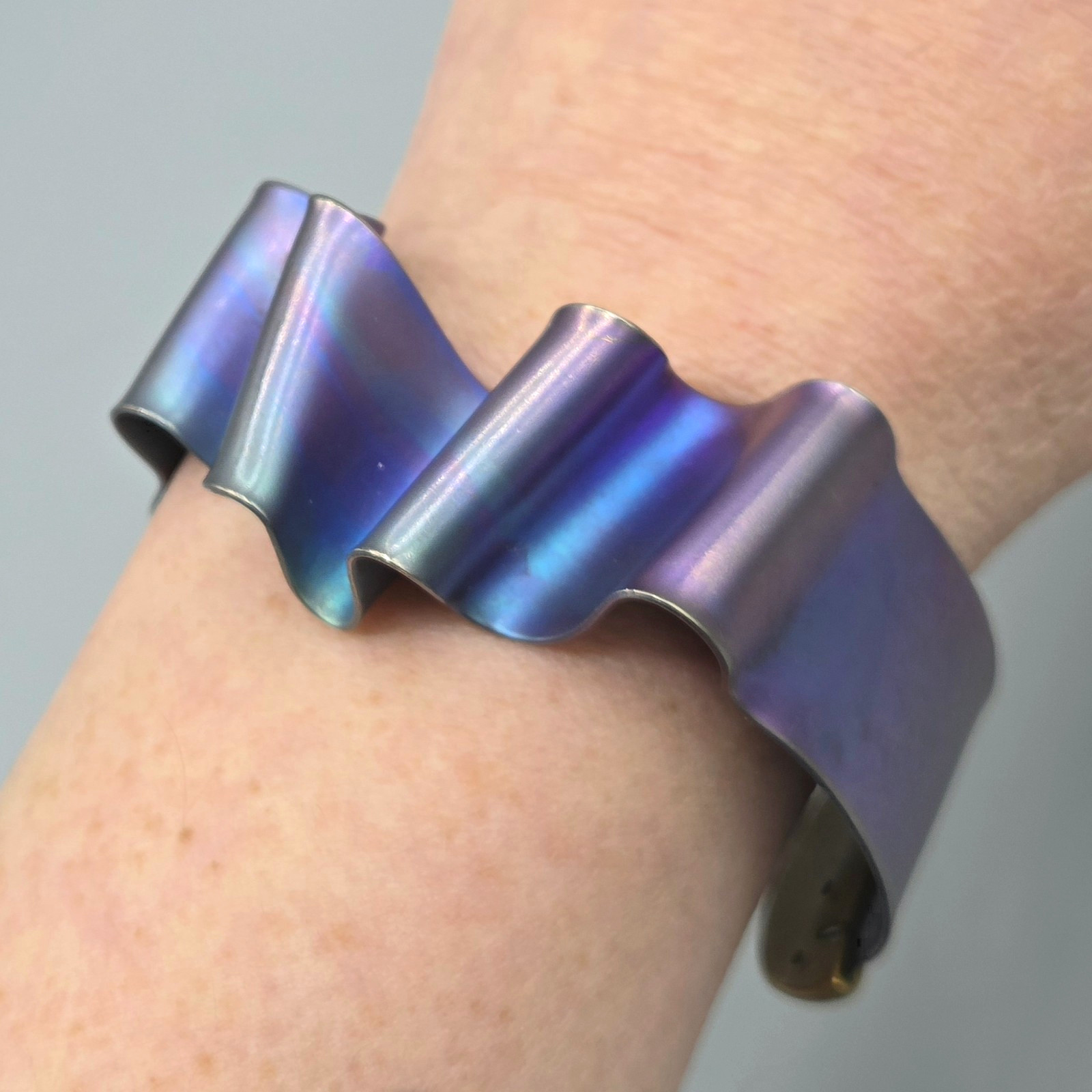Vintage Niobium or Anodized Titanium Blue Brass Ribbon Ruffle Cuff Bracelet