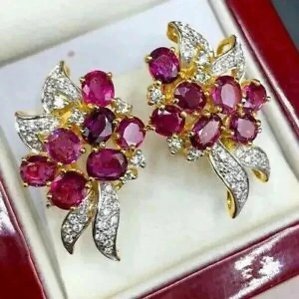 2.50Ct Simulated Ruby & Diamond Omega Back Stud Earrings 14K Yellow Gold Plated