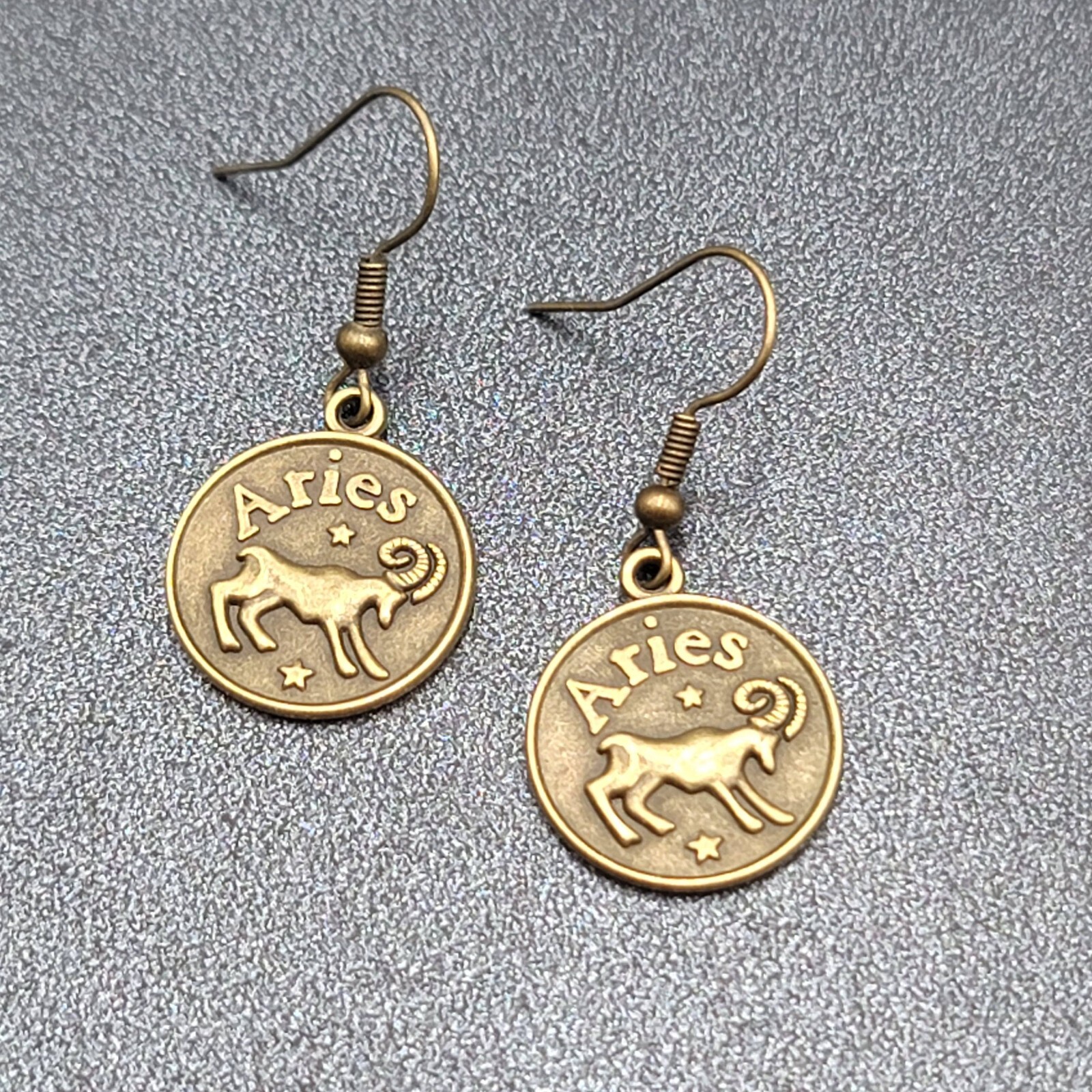 Zodiac Pierced Earrings Antiqued Gold tone Dangle Round 3/4″