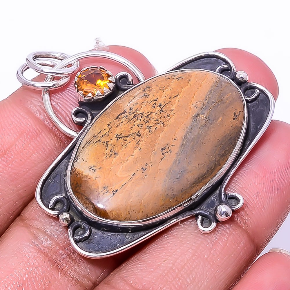 Picture Jasper – Oregon & Citrine Handmade 925 Sterling Silver Pendant 1.72″ P32