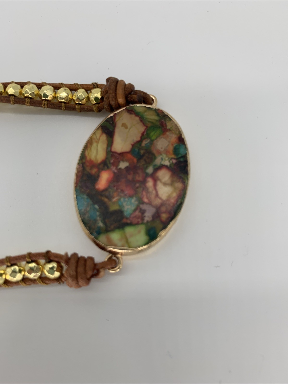Handmade Beaded Leather Wrap Necklace Bohemian Style. See Photos Flaw In Pendent