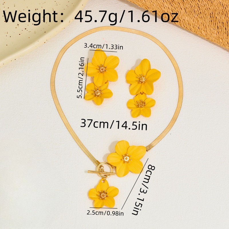3pcs Women’s Fashion Elegant Yellow Flower Pendant Necklace Earring Set Alloy