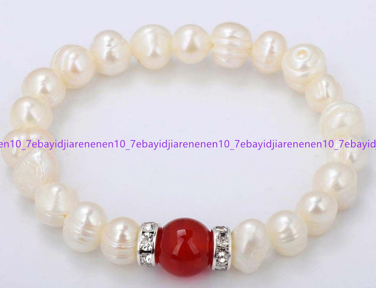7-8/8-9mm White Baroque Pearl & 10mm Red Jade Elastic Bracelet 7.5 in