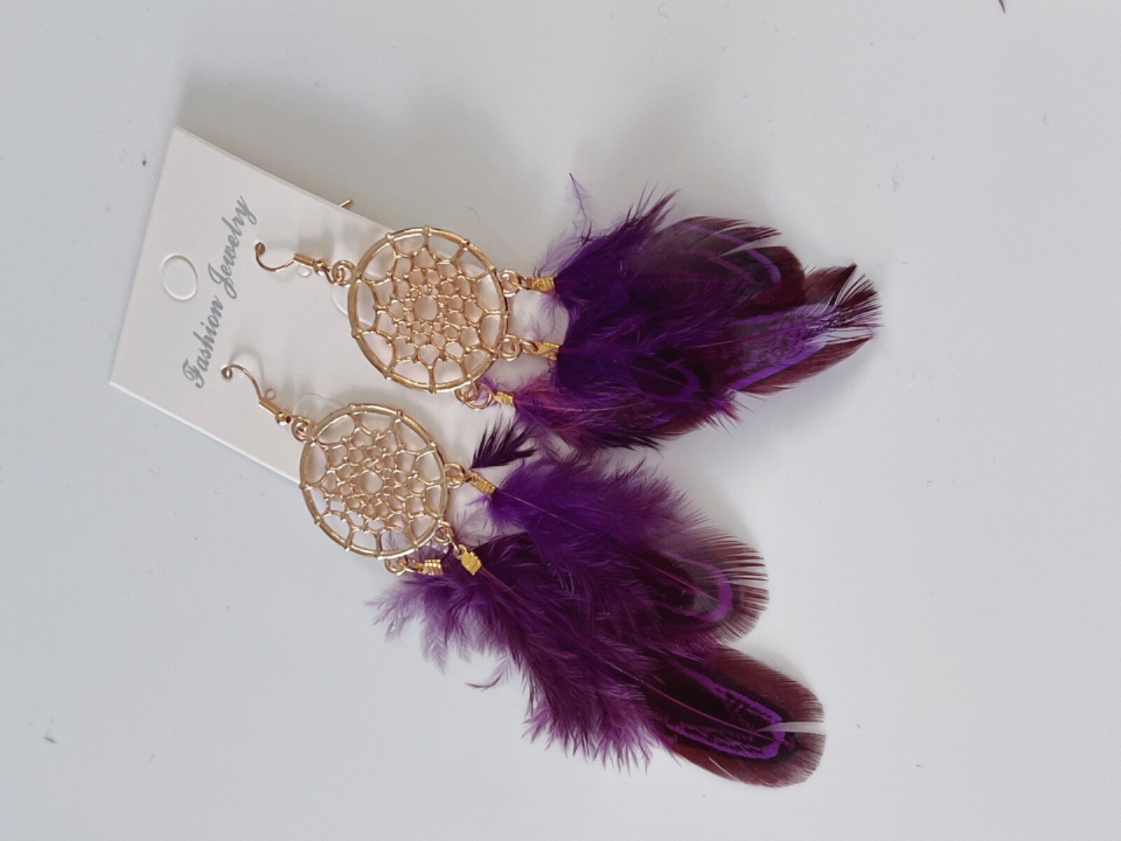 NEW Women Boho Ethnic Dark Purple Feather Dream Catcher Net Dangle Drop Earrings