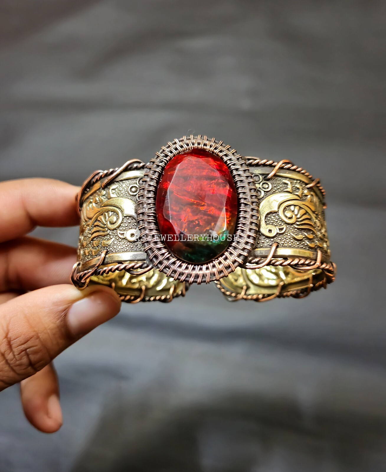 Two Tone Faceted Ammolite Bangle Copper Wire Wrapped Adjustable Cuff gift Bangle