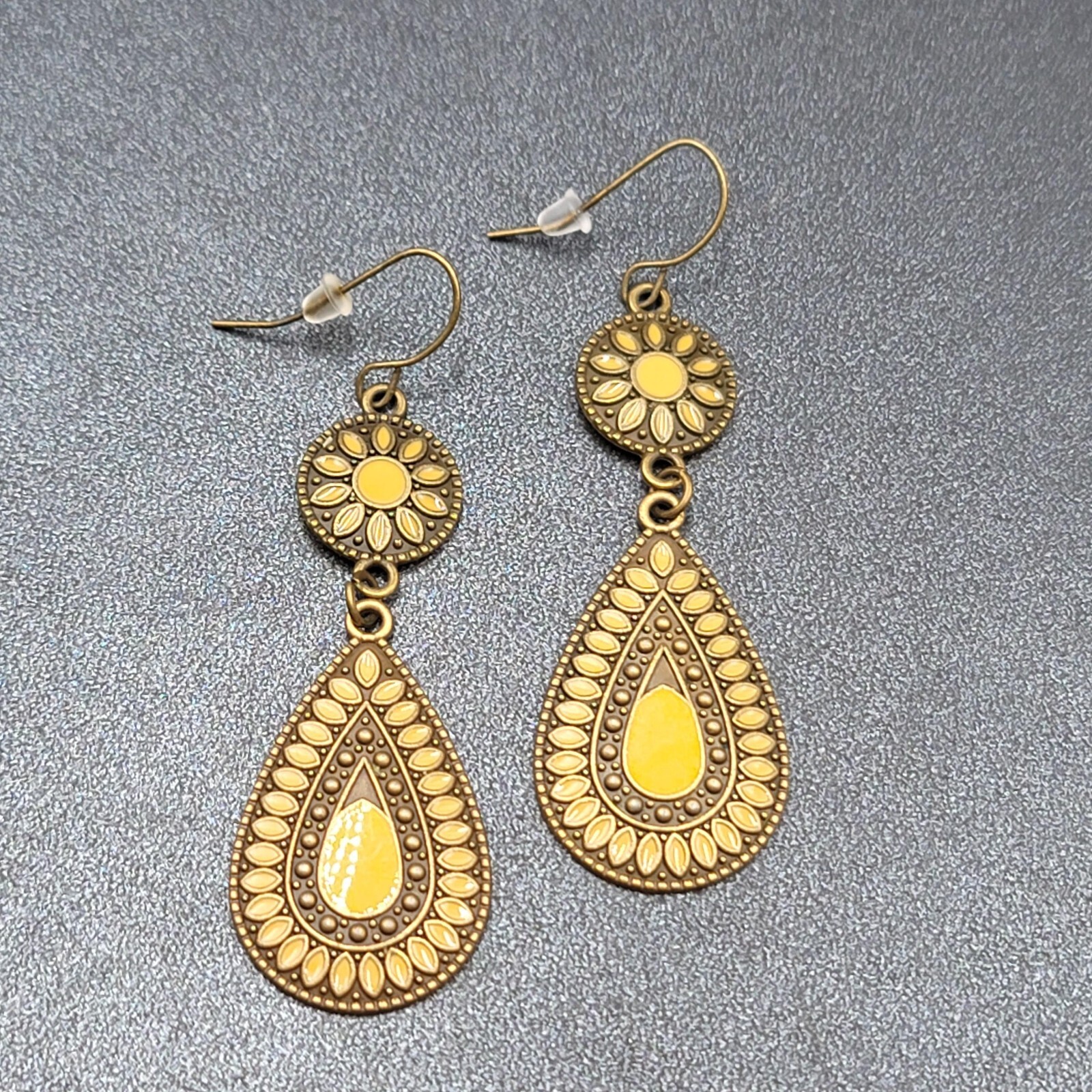 New Boho Pierced Earrings Antiqued Gold tone Lt Orange Enamel Teardrop Dangle 2″