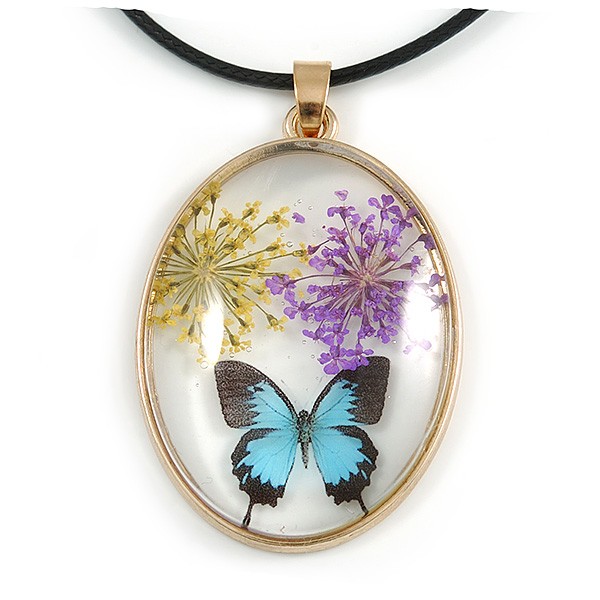 Oval Multi Butterfly Glass Pendant with Black Cord – 42cm L/ 5cm Ext (Each
