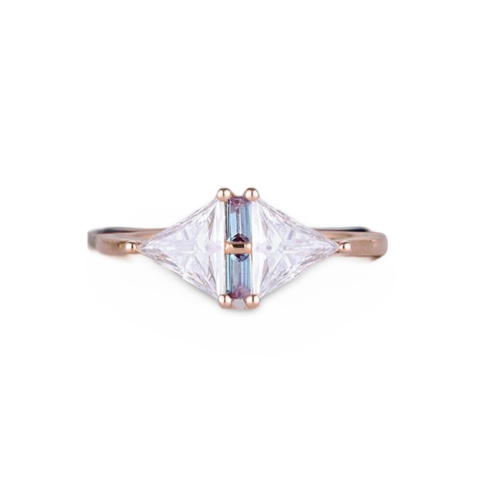 925 Sterling Silver Trillion Cut Moissanite & Baguette Sapphire Handmade Ring