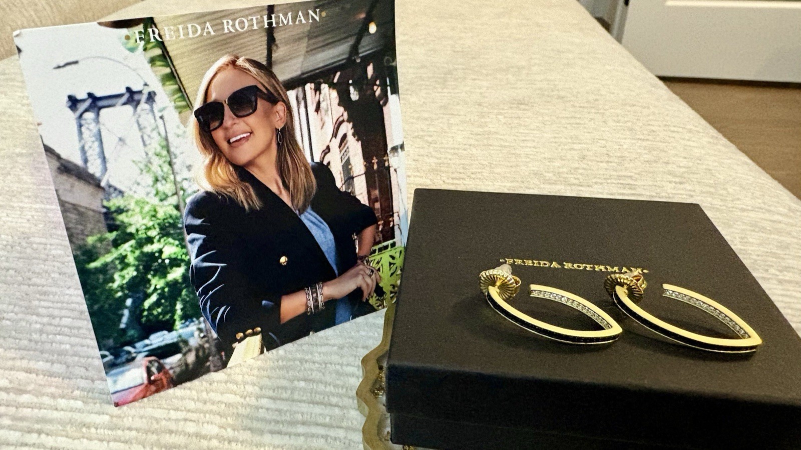 Freida Rothman Industrial Finish Pointed Oval Pave Hoop Earrings Gold Rhodium