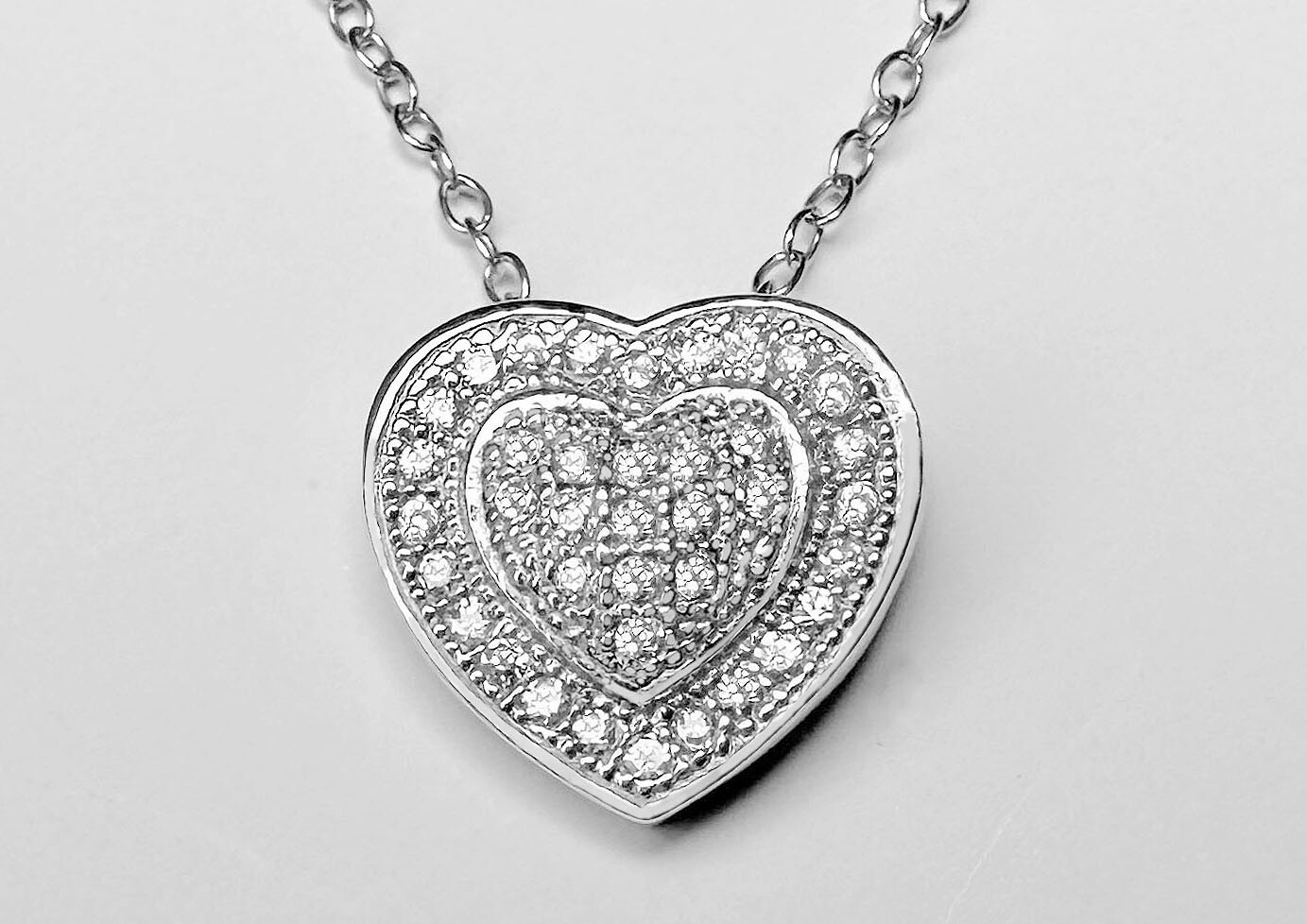 925 Sterling Silver Micro Pave Setting Heart Pendant Charm Chain 18″