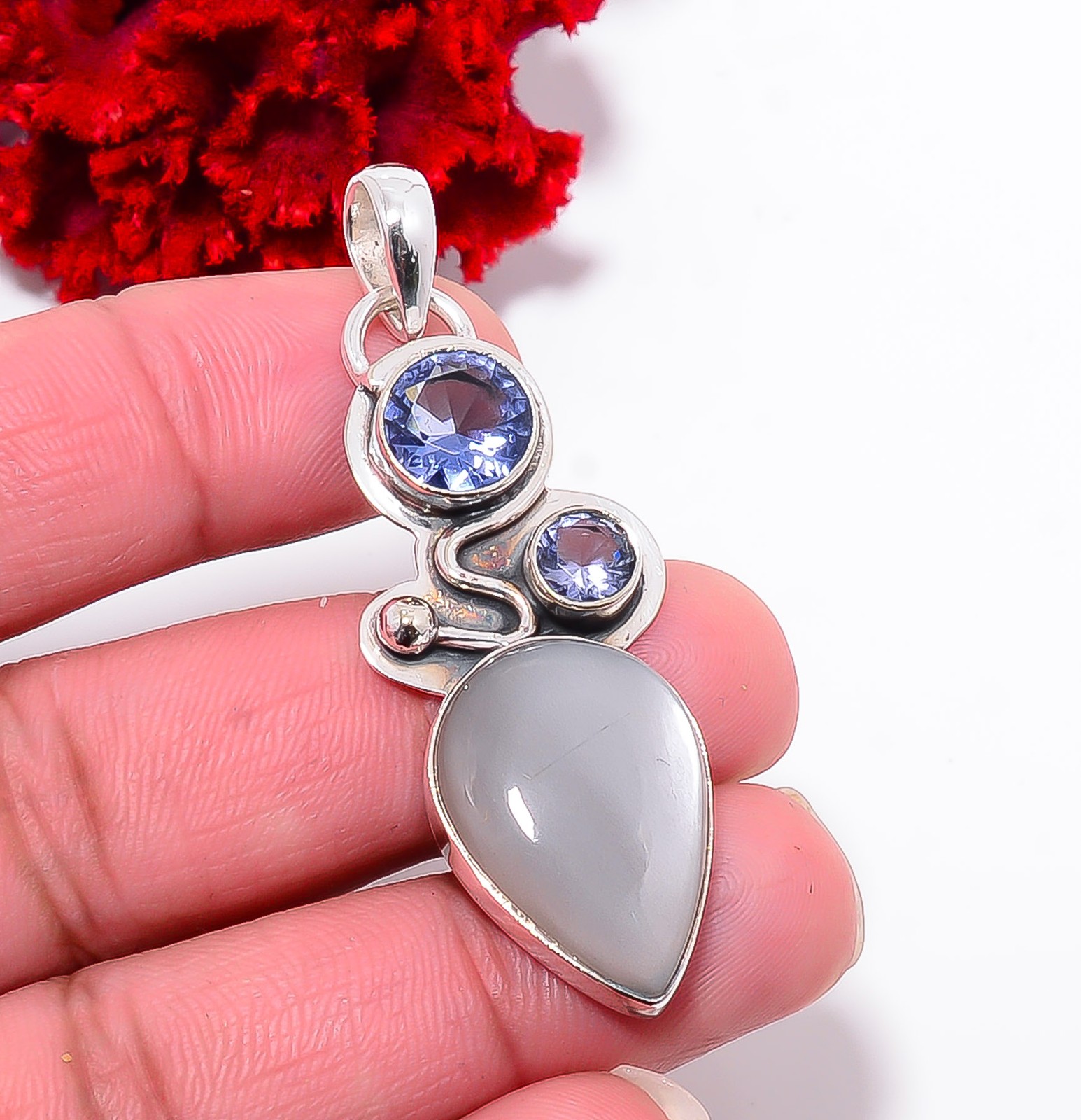Gray Moonstone – Sri Lanka & Iolite 925 Sterling Silver Pendant 2.11″ P94331