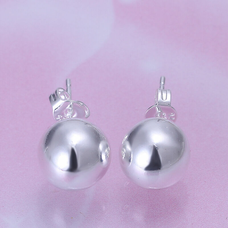 925 Sterling Silver Filled Classic Solid 10MM Ball Bead Stud Earrings Womens