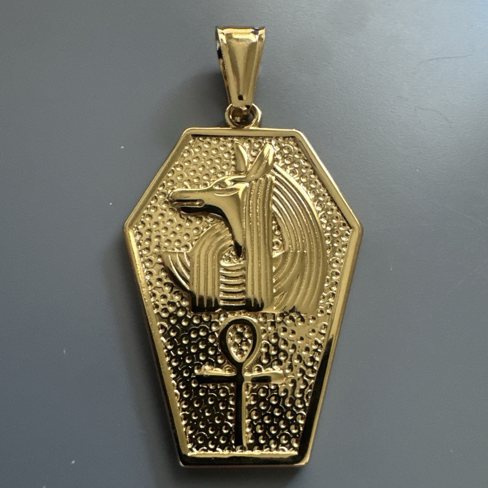 Ancient Egyptian Mythology Sarcophagus Pendant Stainless Steel 24” Gold Plate