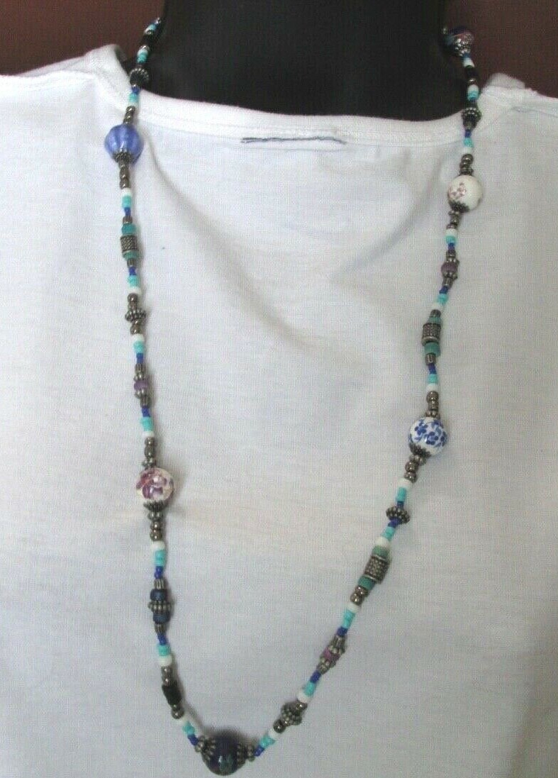 New 14 in Necklace Silver, Blue & White beads with porcelain Flower Bead spacers