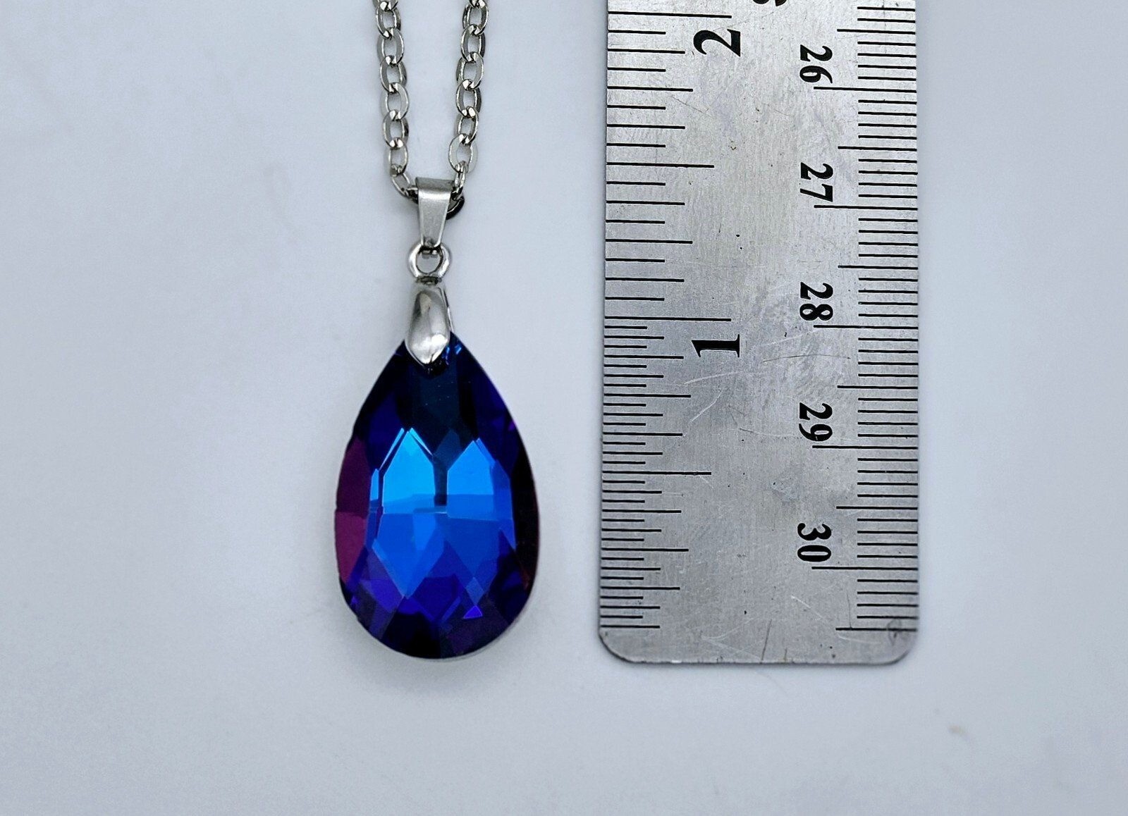 Blue purple acrylic crystal necklace faceted teardrop pendant