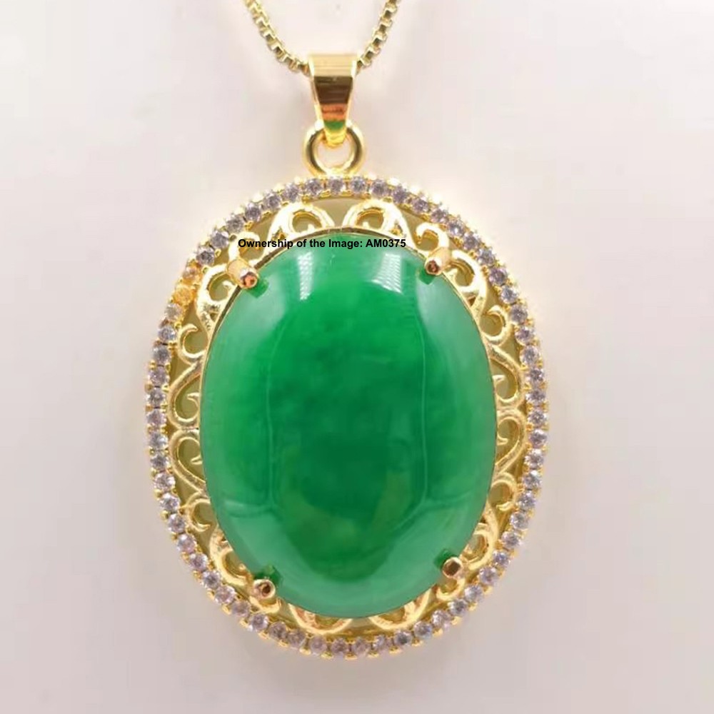 New Yellow Alloy Heating Jade Pendant Zircon and Green Oval Jade Pendant 37mm H