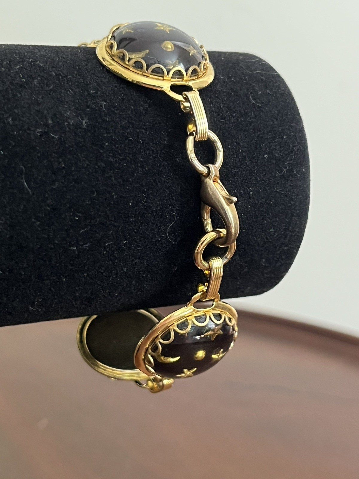 Blue and Gold Tone Celestial Bracelet Moon Stars Glass Dome 7.25″