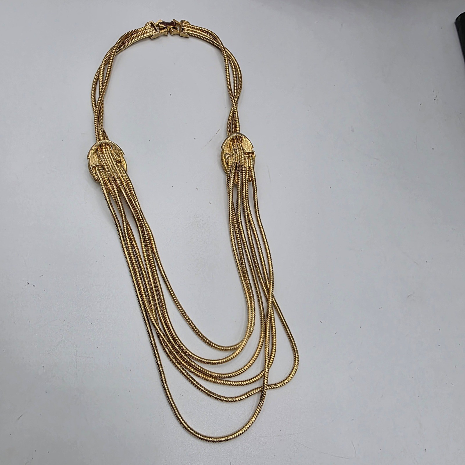 Vintage Gold Tone Multi Strand Snake Chain Leaf Accent Layered Necklace 17in