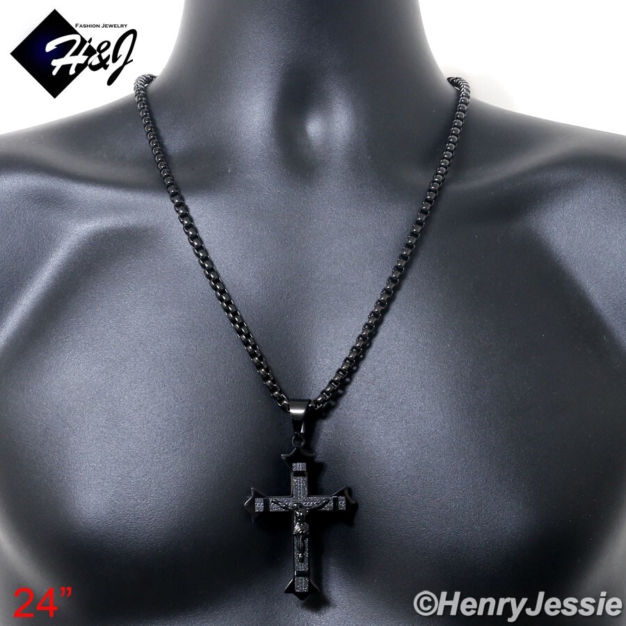 24″MEN Stainless Steel 5mm Black Plated Box Link Chain Necklace Cross Pendant*28