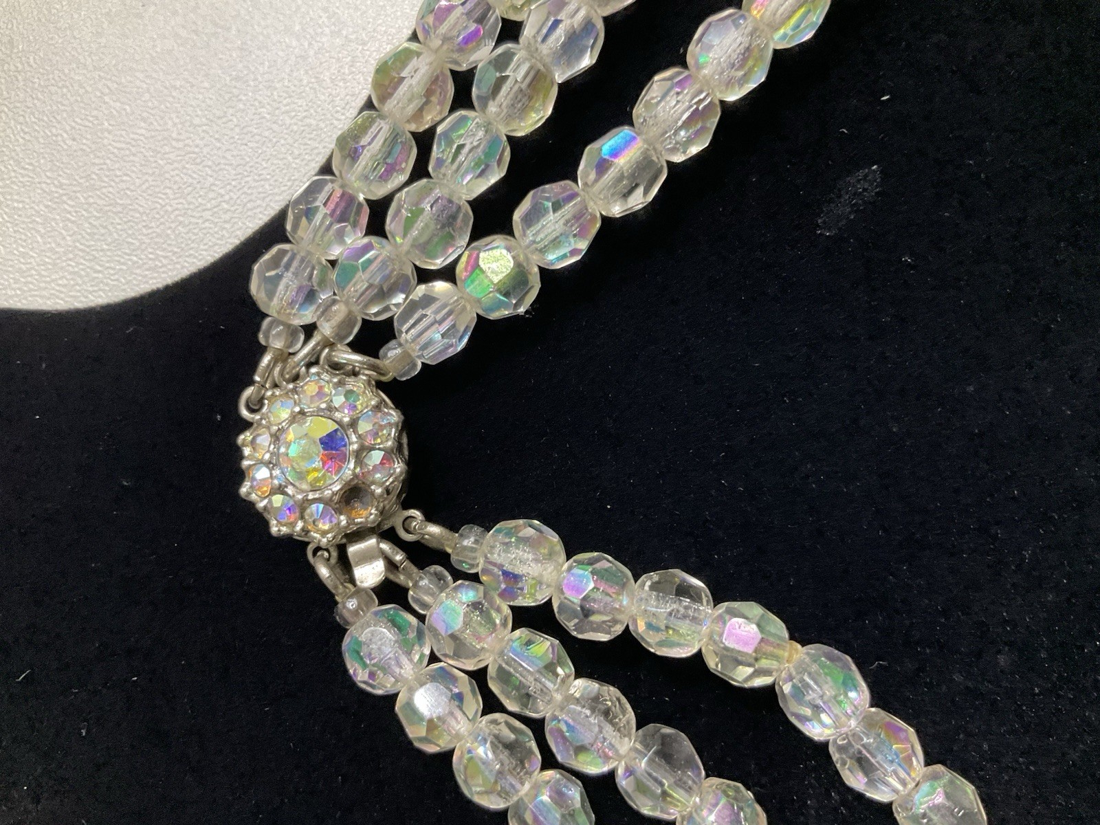 3-Strand Clear Aurora Borealis Crystal Bead Necklace Rhinestone Clasp Silver