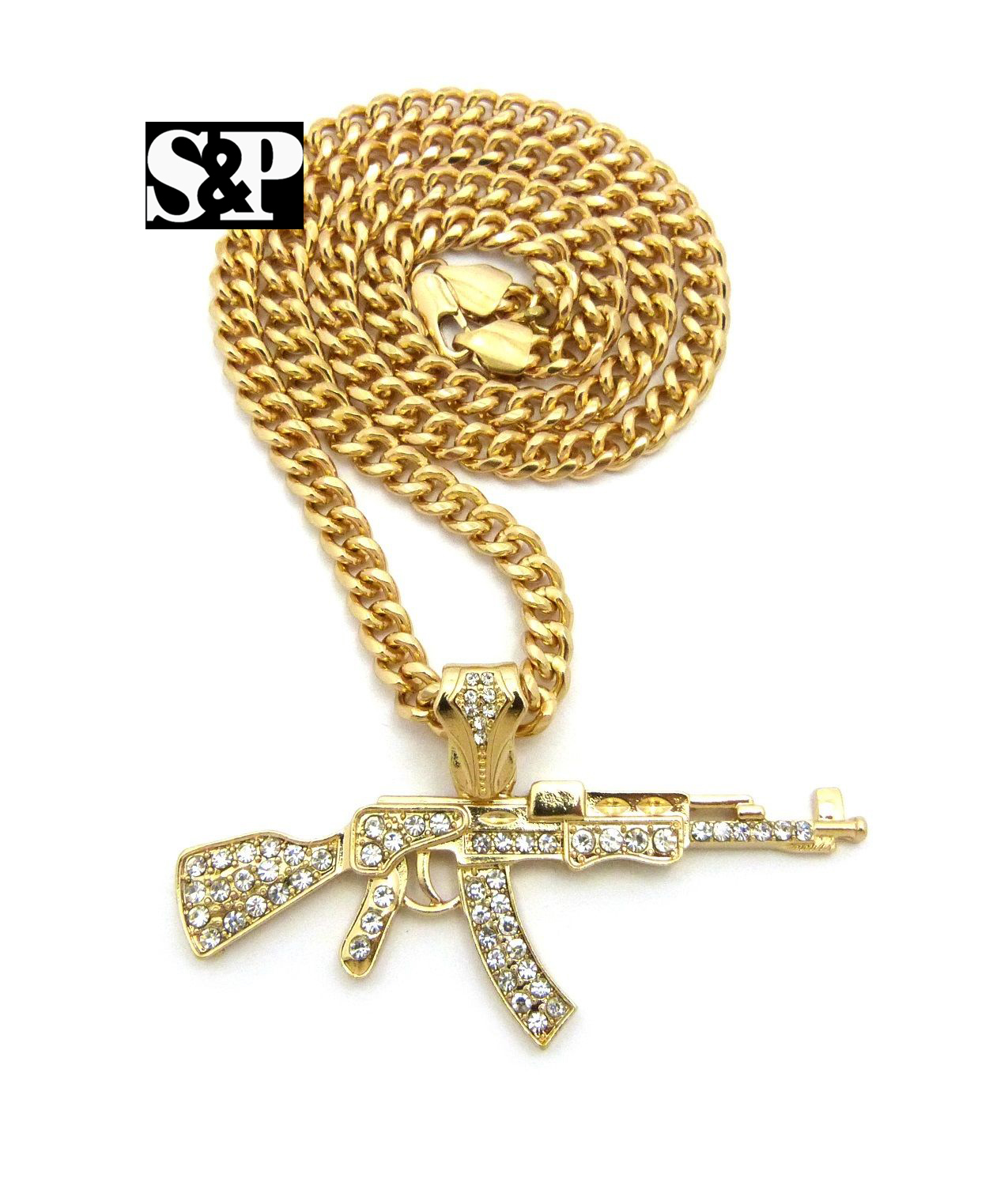 Gold Plated Alloy Cubic Zirconia AK47 Machine Gun Charm 24″ Cuban Chain Necklace