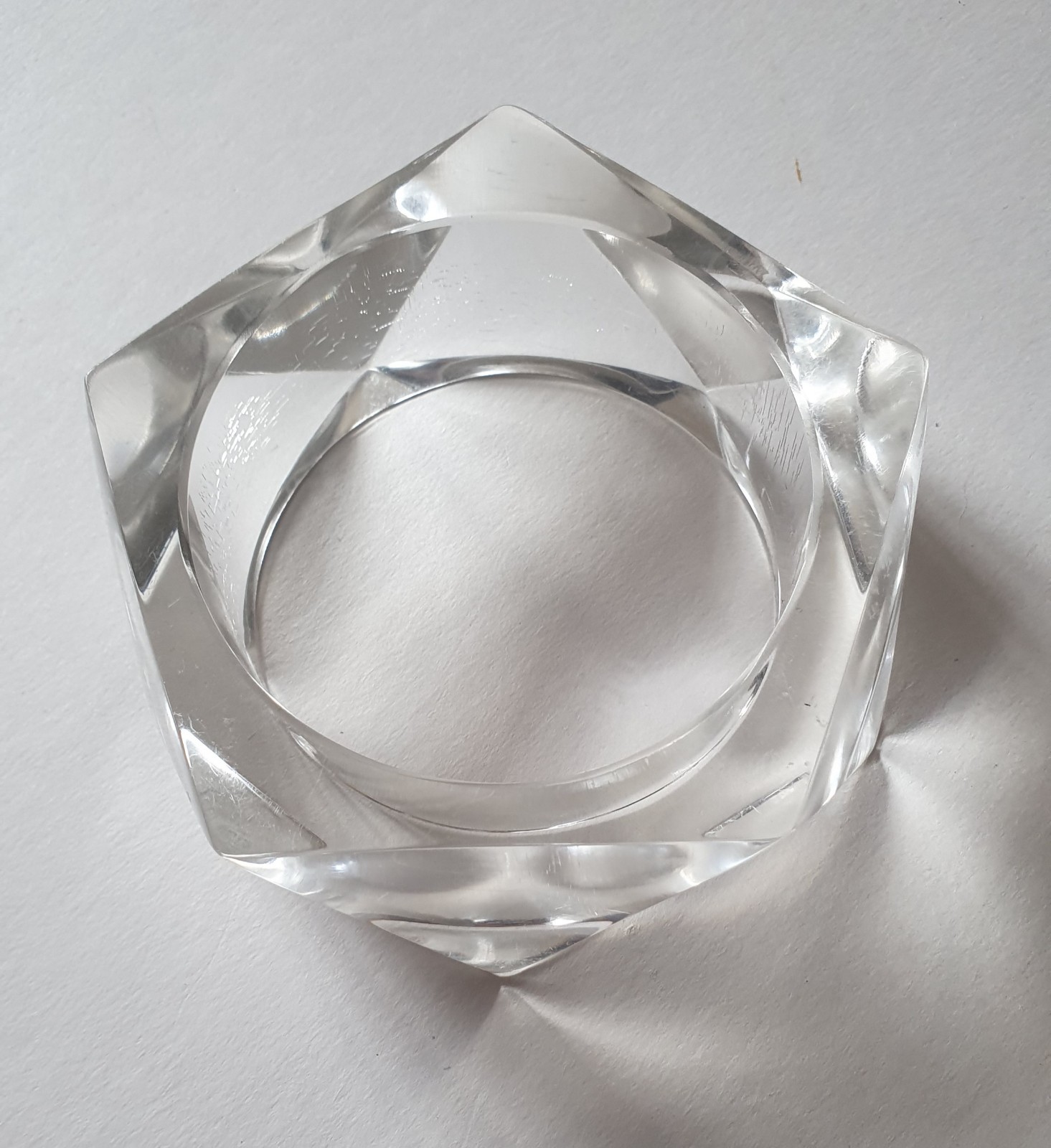 Vintage 1980s Marion Godart Bangle Bracelet Large Chunky Clear Lucite Pentagon