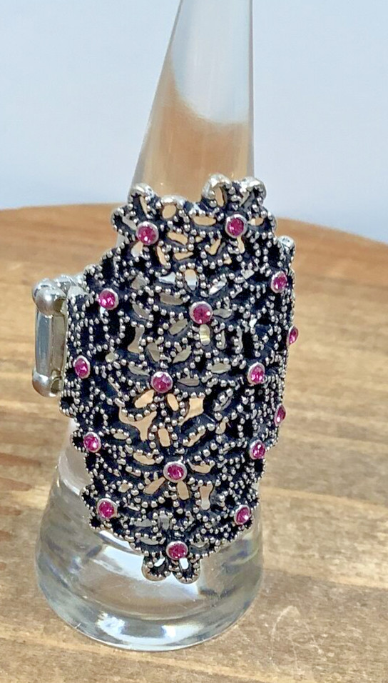 Silver Tone Filigree Floral Ring Pink Rhinestone Size 7 Adjustable Costume
