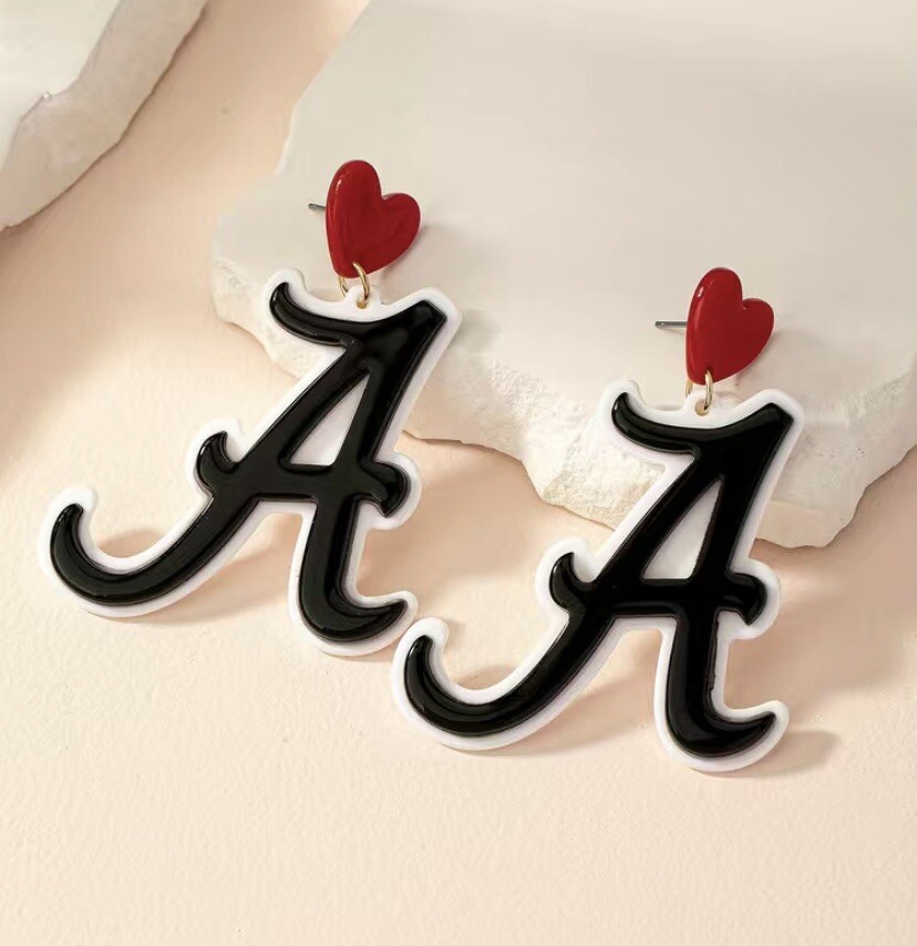 Alabama Crimson Tide Inspired Black Letter A Dangle Earrings