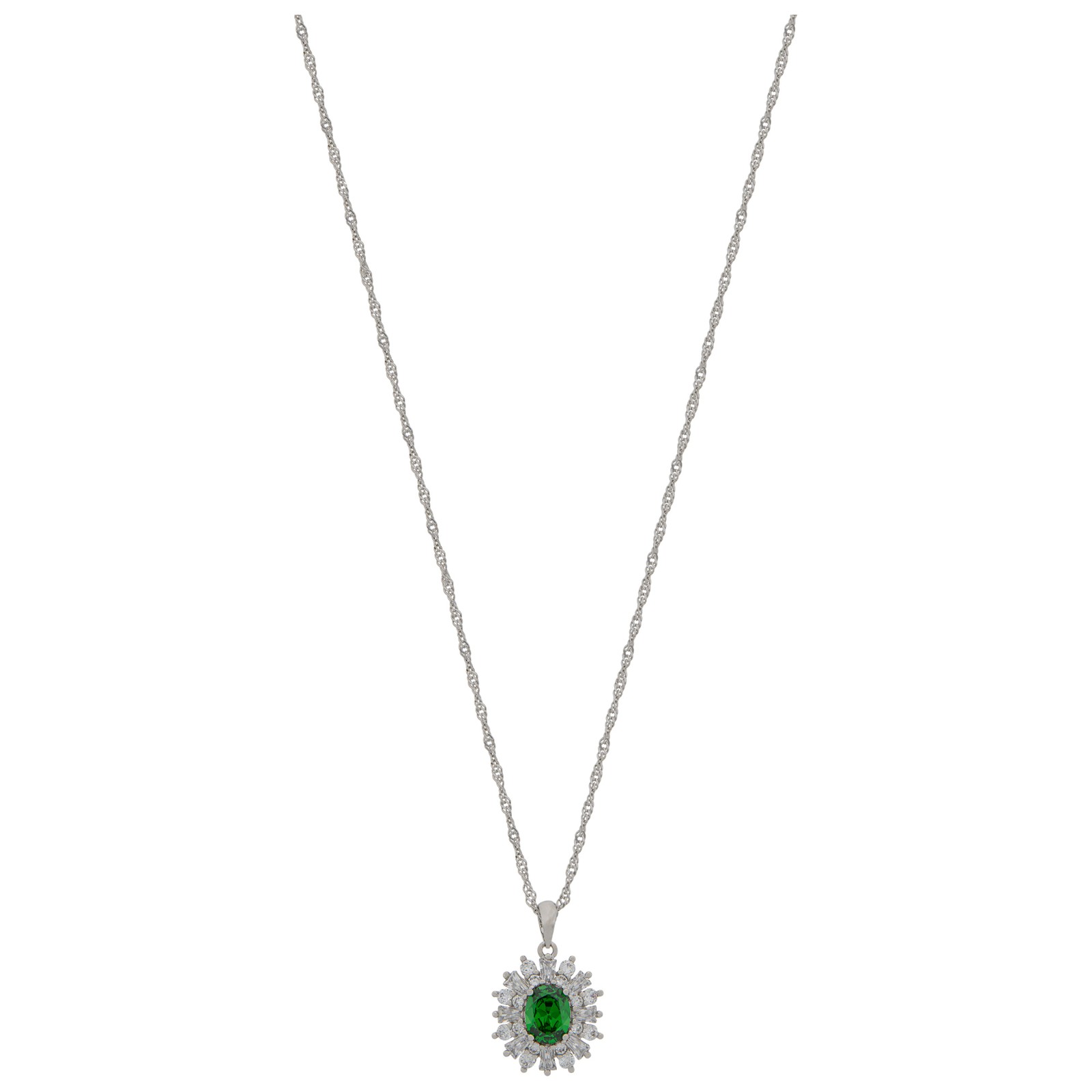Platinum Plated Created Emerald and Cubic Zirconia Sunburst Pendant Necklace