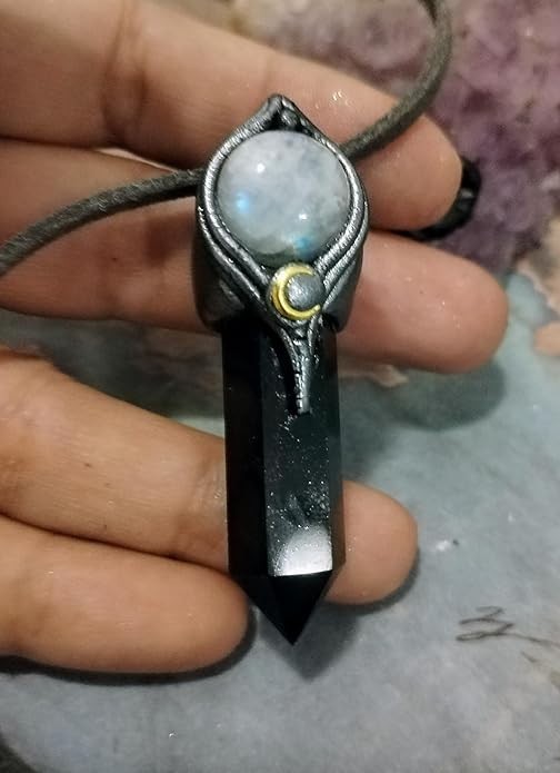 Book Of shadows. Obsidian Witch Protection Necklace. Crescent Moon Jewelry