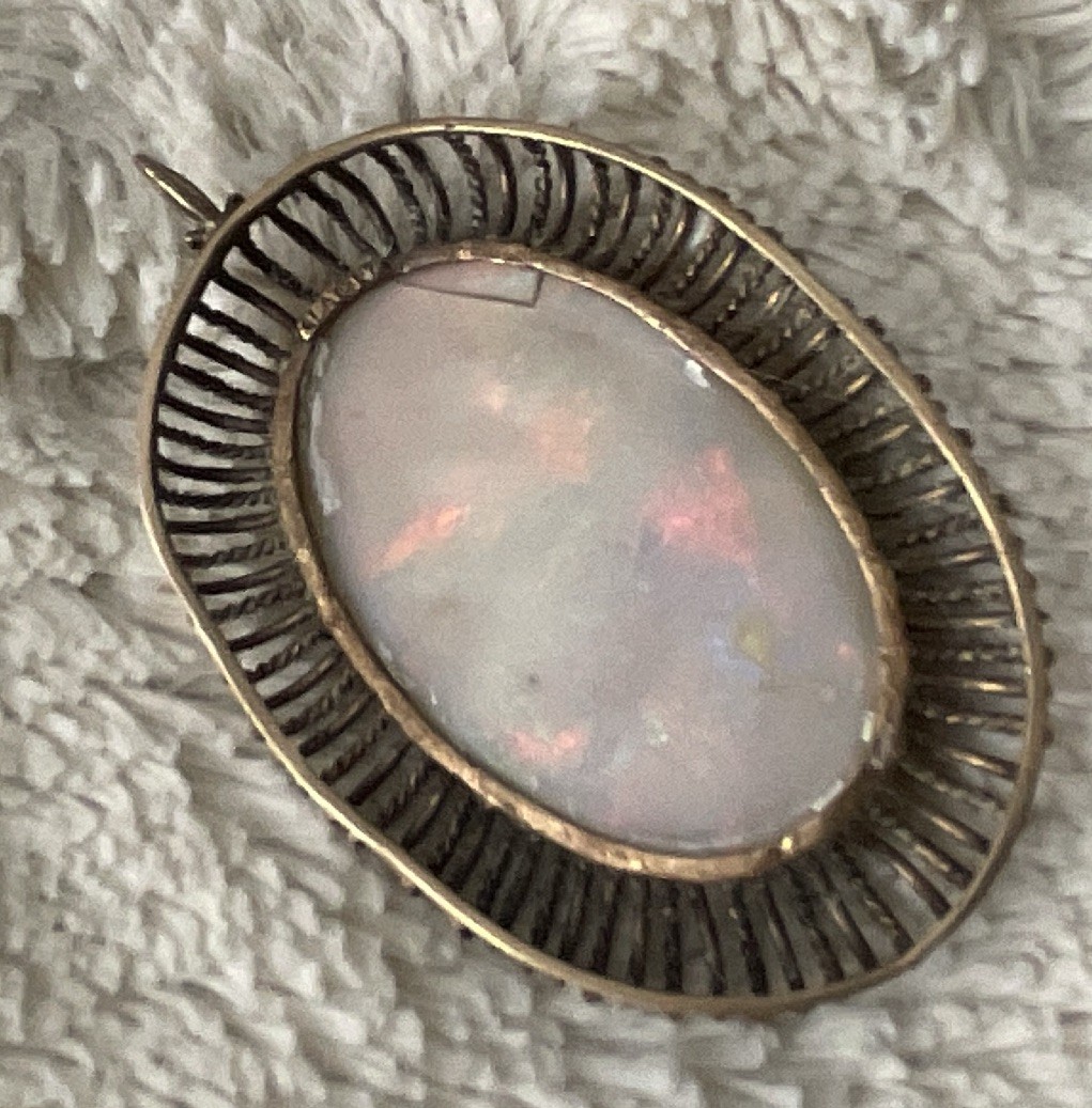 Oval White Opal Pendant, Silver Metal, Prong Set, Silver Tone, 1 Gemstone