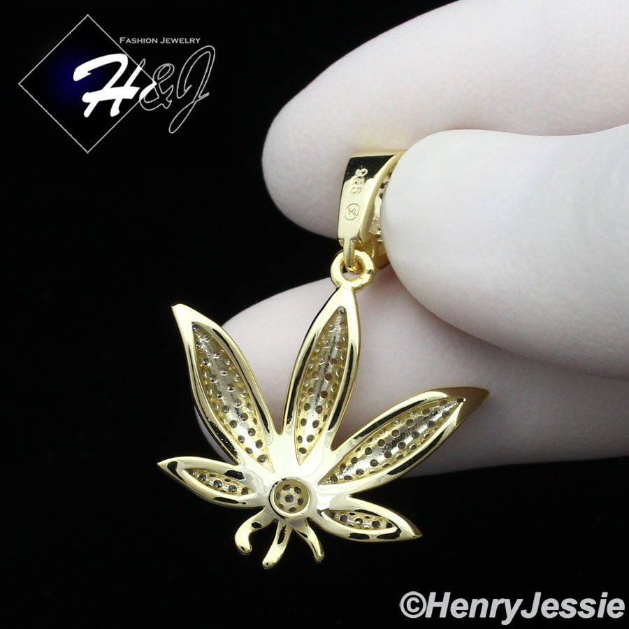 925 STERLING SILVER ICY CUBIC ZIRCONIA GOLD PLATED 3D MARIJUANA LEAF PENDANT*173