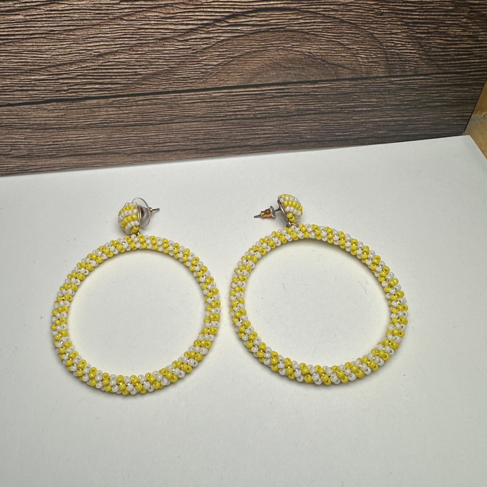 J. Crew Yellow & White Bead Beaded Statement Dangle Drop Pierced Earrings
