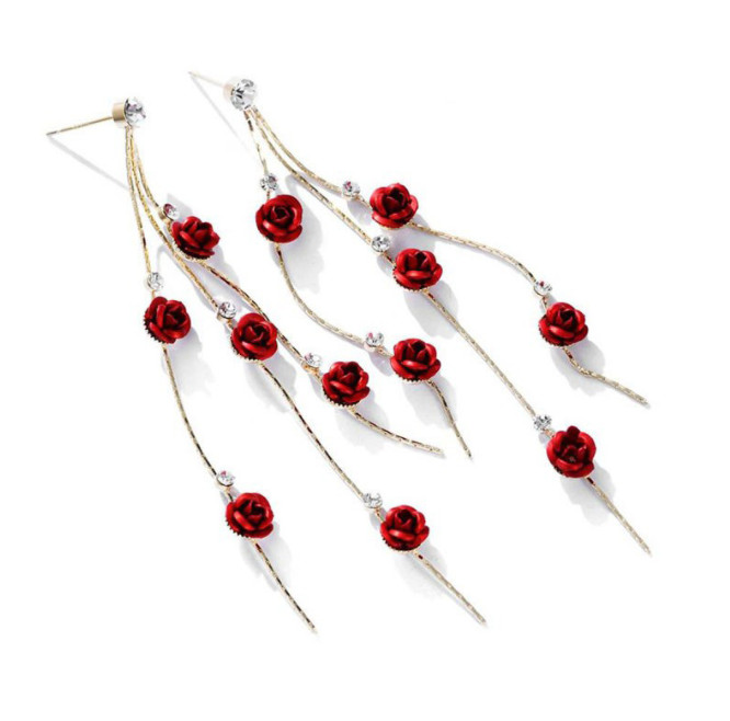 Red Rose Petal Tassle Earrings, Elegant Jewlery, Gift for Wife, Girlfriend