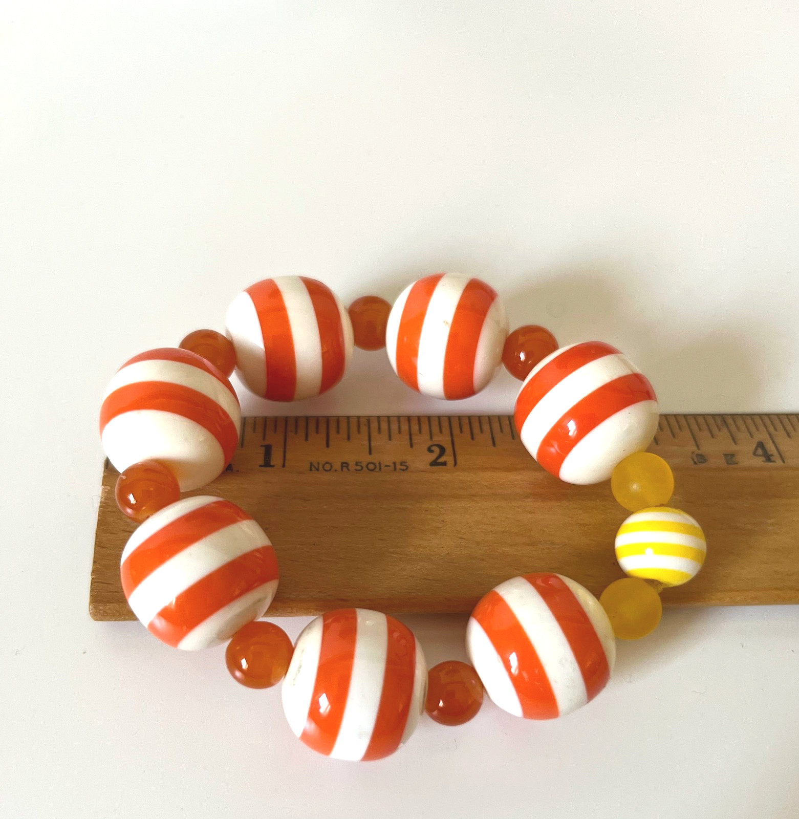 Orange and White Striped Acrylic & Glass Ball Stretch Bracelet