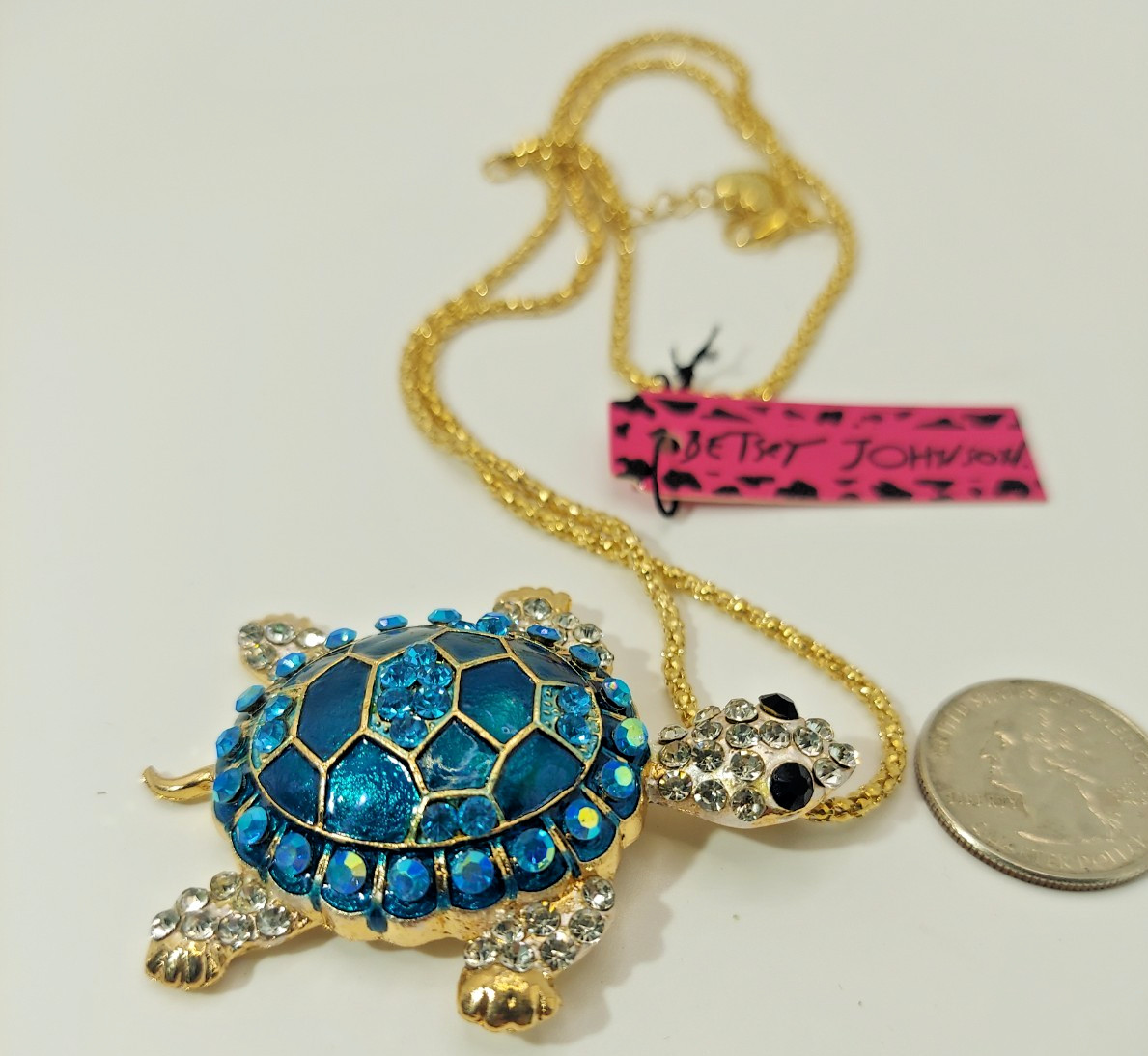 Brilliant 3D Jewel TURTLE Blue Rhinestone Betsey Johnson Tortoise Necklace-Gift