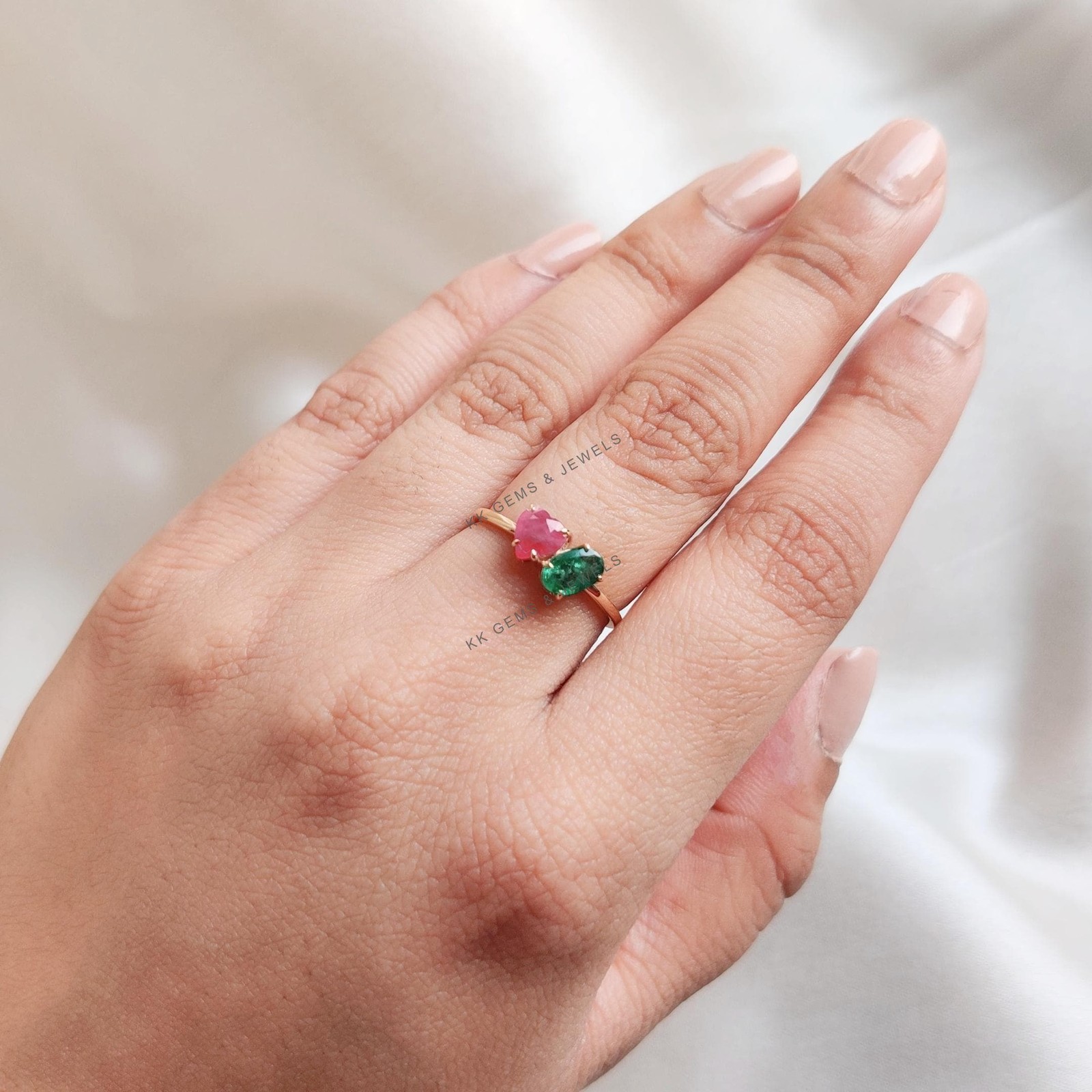 0.96 Ct Natural Emerald Ruby Ring 14K Yellow Gold Minimalist July Birthstone