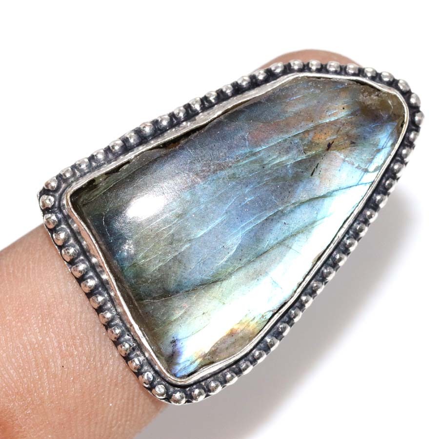 925 Silver Plated Fiery Labradorite Rough Ring US 6 Limited Stock Deal GW