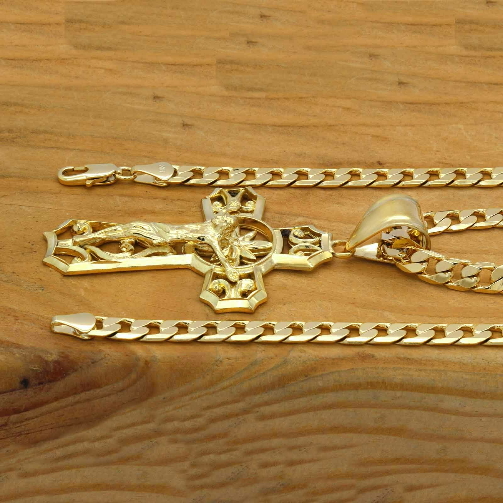 Mens 18k Gold Plated Brass Jesus Curve Cross Pendant 6mm 24″ Cuban Chain