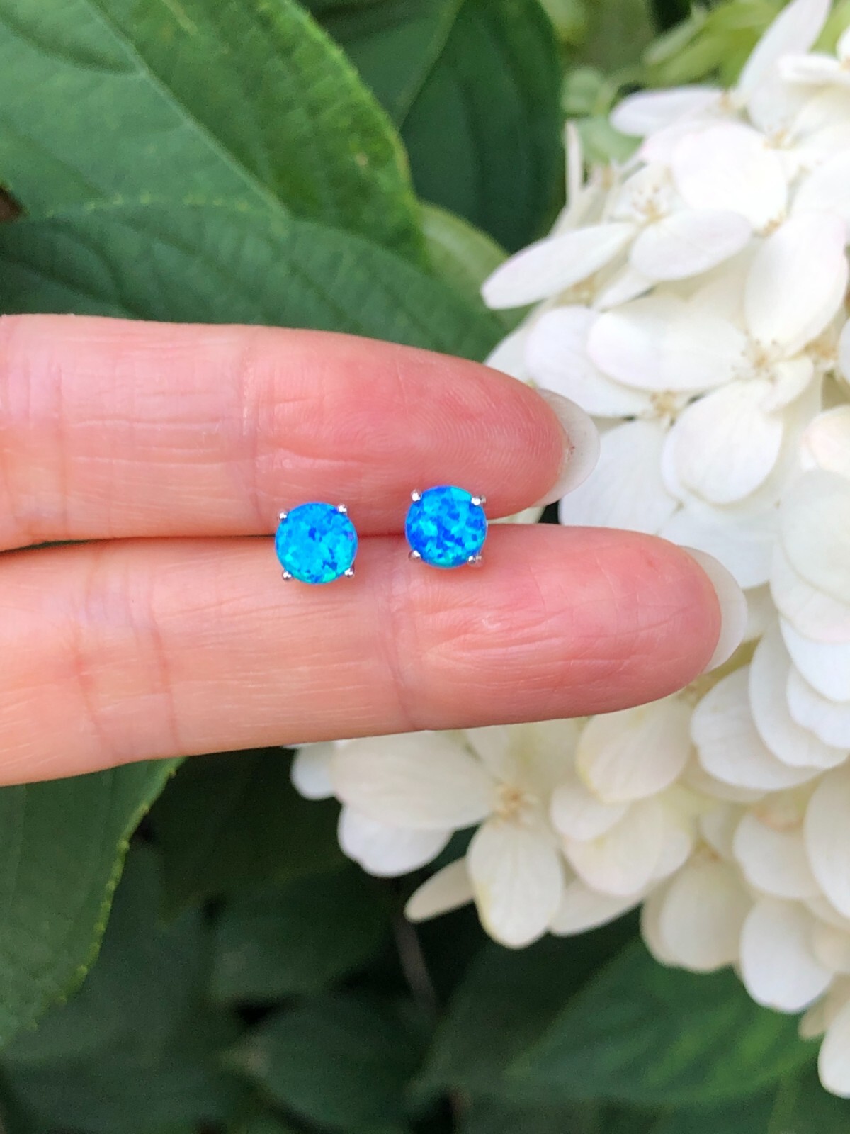 925 Sterling Silver Round Blue Opal Stud Earrings Dainty Studs 5.8mm