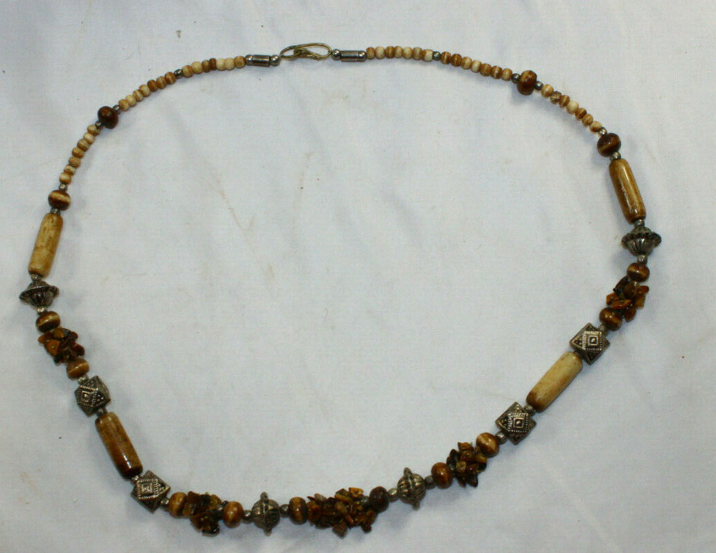 Necklace Plastic Bead Stone Brown White Silver Gold 25″