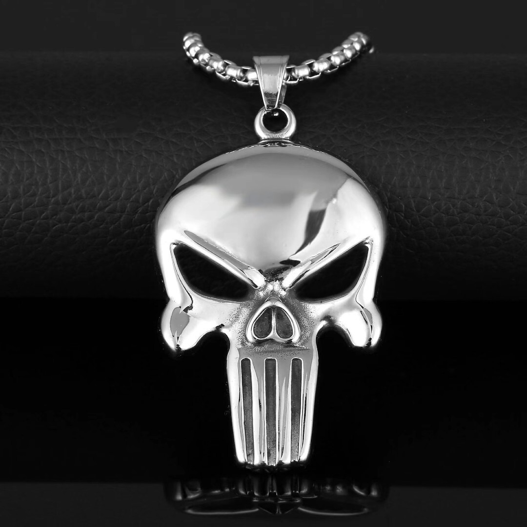 Men’s Silver Punisher Skull Pendant Necklace Gothic Punk Retro Rock Jewelry 24″