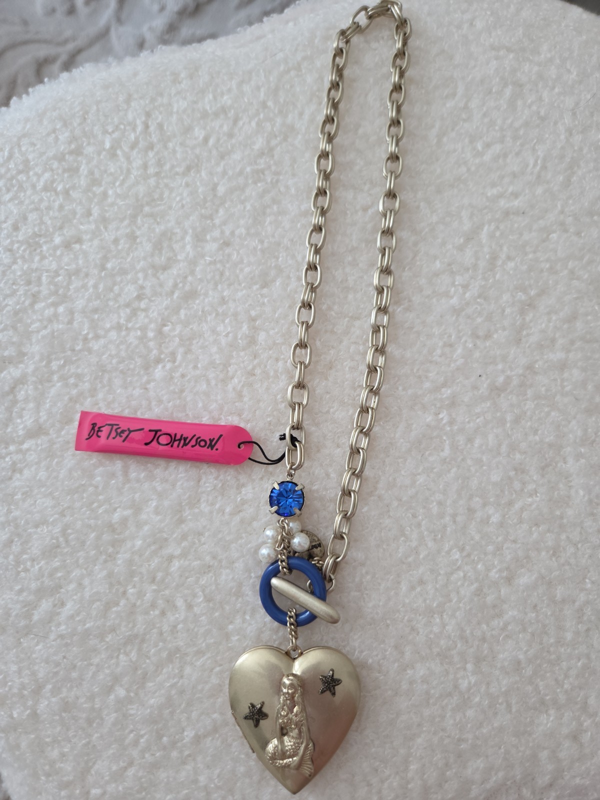 Betsey Johnson Mermaid Vintage Heart Locket Pearl Sea Rare Necklace Blue Stone