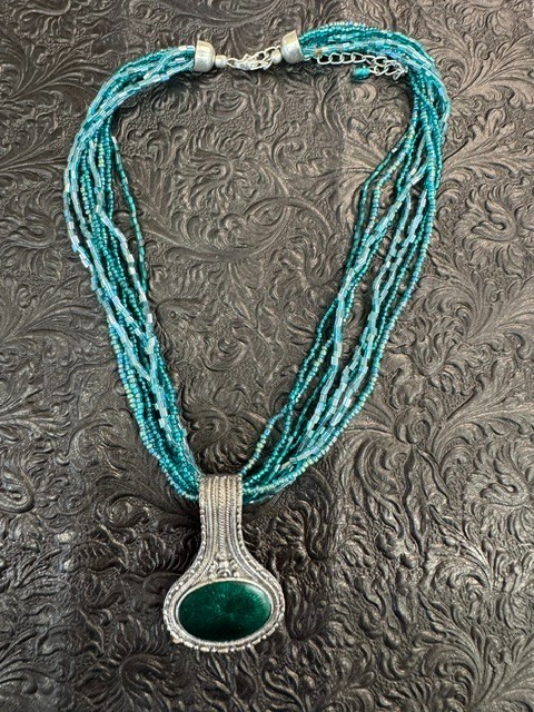 Boho Teal Multi Strand Seed Bead Necklace Silver Tone Faux Malachite Pendant