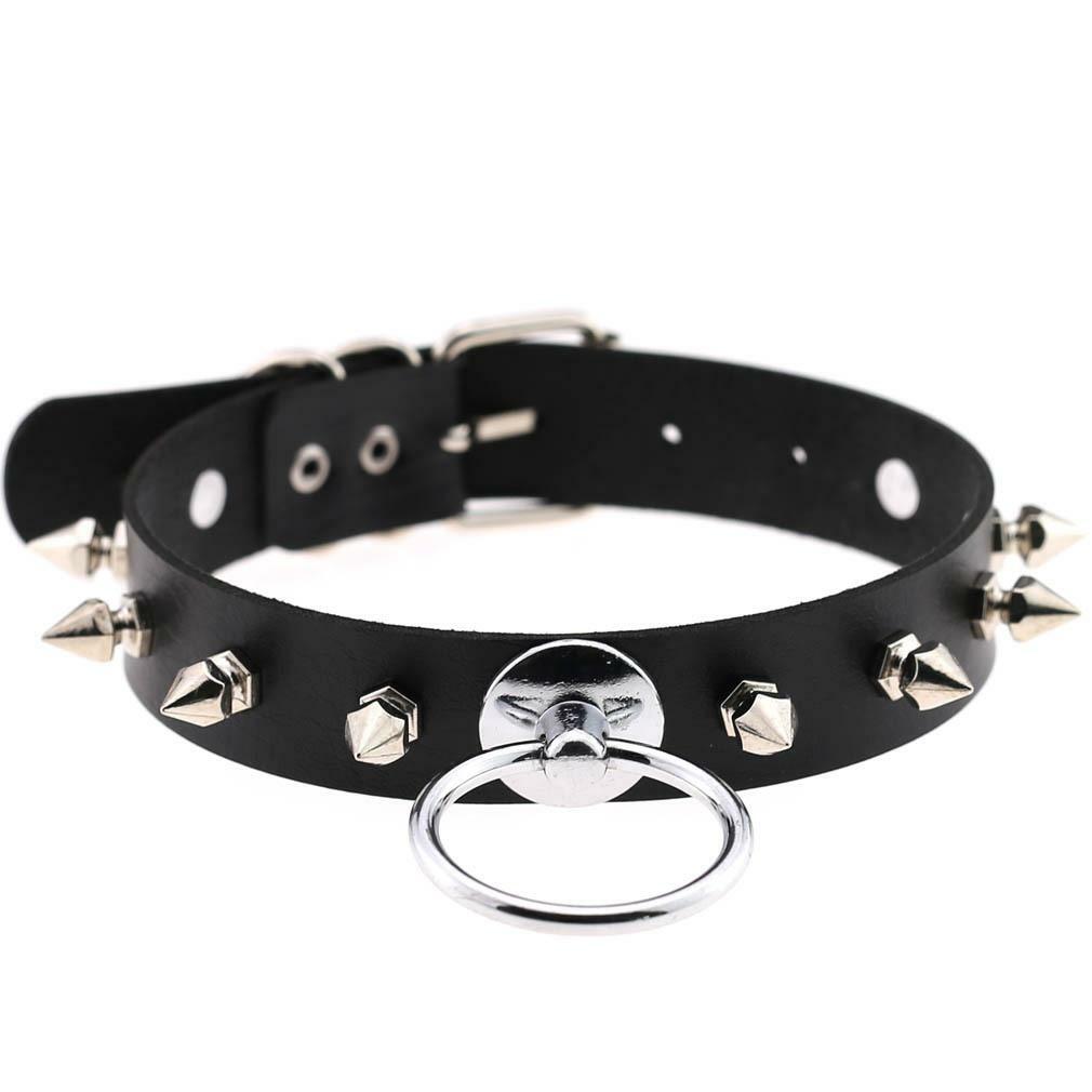 Women O Ring Neck Collar Chain Gothic Punk Studded Pu Leather Choker Necklace