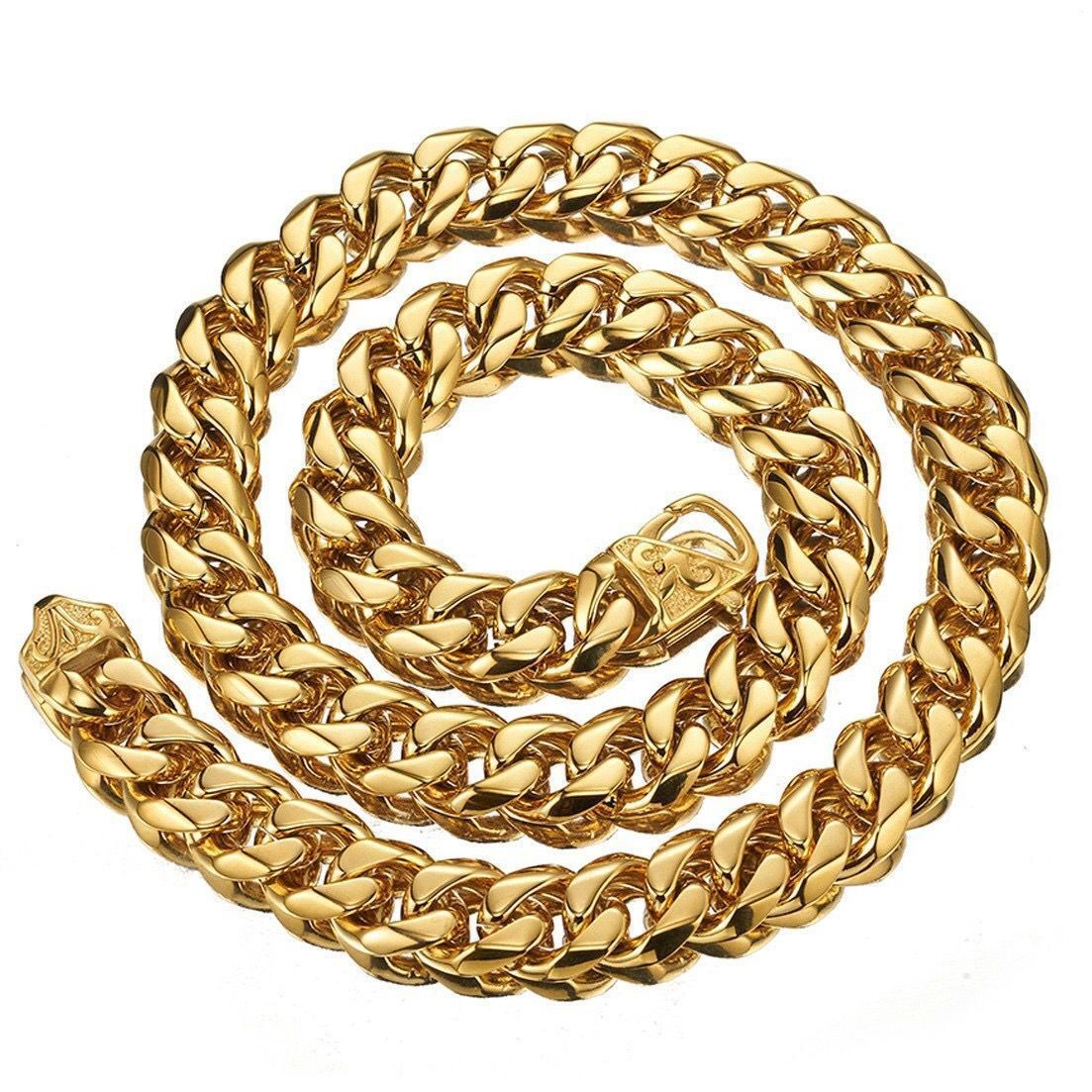 15mm Stainless Steel Gold Plated Curb Cuban Chain Necklace Bracelet Link